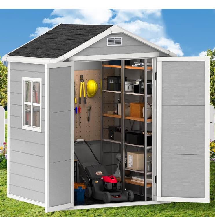 Outdoor Storage Shed, 6x4.4 FT Resin Shed with Floor, Weather-Resistant Plastic Garden Shed with Window, Lockable & Vents, for Garden Tool Outside Sheds, Bike Shed, Backyard Shed (Grey) only to e roof 