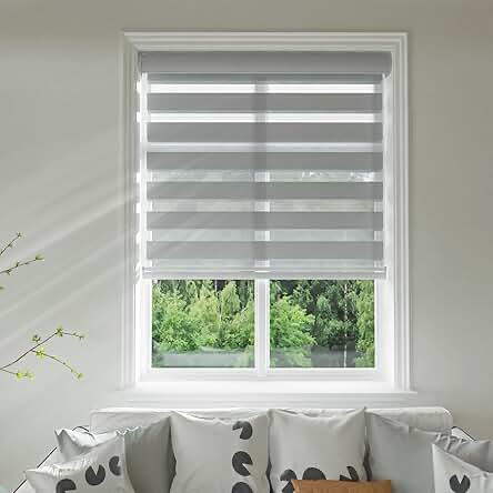 Changshade Cordless Zebra Blinds for Windows, Free-Stop Zebra Roller Shade with Valance, Dual Layer Light Filtering Privacy for Day and Night, Semi Sheer Shades Easy Installation,RBS36GY72A,Gray