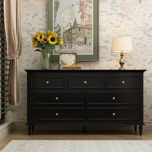 7-Drawer Black Dresser Vanity Table Cupboard 29.6 in. H x 55.2 in. W x 15.7 in. D