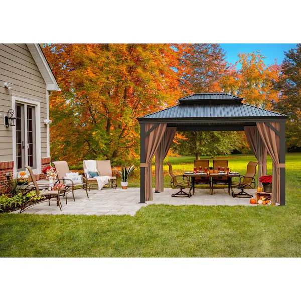 10 ft. x 12 ft. Aluminum Outdoor Black Gazebo with Galvanized Steel Roof, Mosquito Nets and Curtains