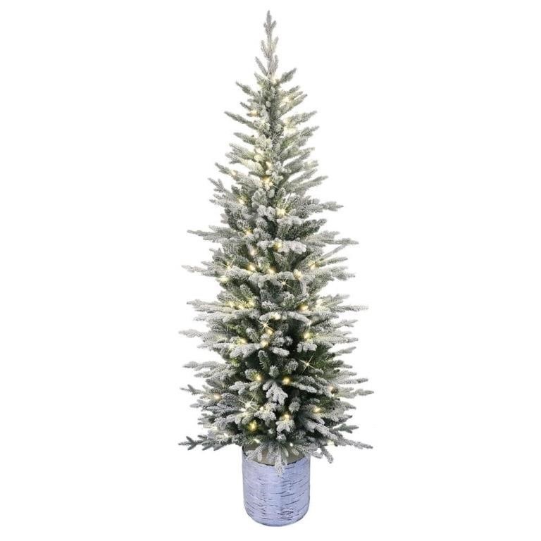 7.5 ft. PreLit Potted Flocked Arctic Pencil Tree