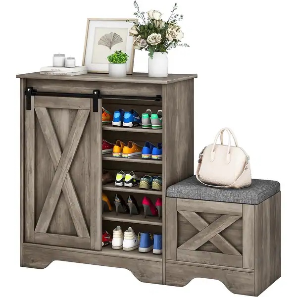 Moasis Farmhouse Shoe Cabinet Bench 5-Tier Shoe Storage Cabinet with Adjustable Shelves for 20 Pairs - 47.6"L x 15.1"W x 36.2"H - Washed Grey