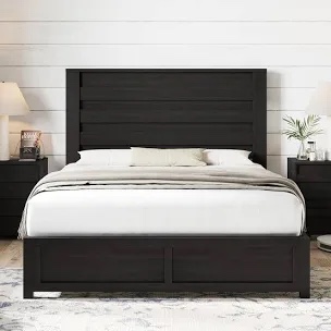 Louby Farmhouse Bed Frame With 49" Fluted Headboard, Platform Bed With Natural Wood Grain, No Box Spring Needed/Noise Free