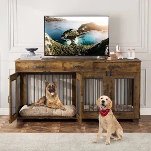 71-Inch Large Dog Crate with 3 Drawers for 2 Dogs, Spacious Wooden Indoor Kennel with Divider, Large Breed Dog Crate and TV Stand, Perfect for Medium Large Dogs