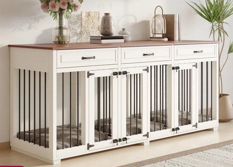 Dog Crate Furniture Indoor Wooden Dog Kennel Furniture With 2 Dividers, 3 Drawers And 3 Doors, 71"X23.6"X31.5"H