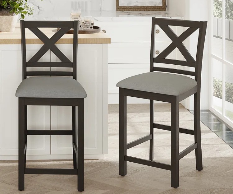 Fabiola 25'' X-Back Solid Wood Fabric Upholstered Bar & Counter Stool with Footrest (Set of 2)