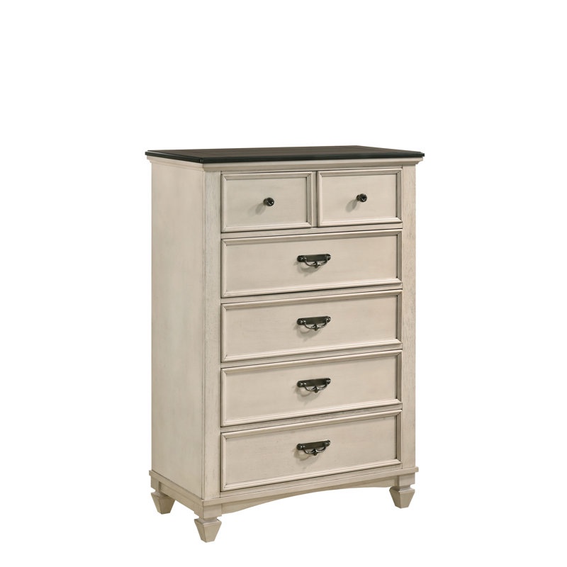 Braleigh Off White 6 Drawer Tall Wooden Dresser Chest, with Antique Iron Handles, and Solid Walnut Wooden Top 35.5'' W X 17.4'' D x 48” H