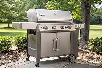 Weber Genesis II 3 Burner Propane Gas Grill with sear station, side burner, world-class grilling engine, three powerful burners, and iGrill 3 smart technology compatibility.