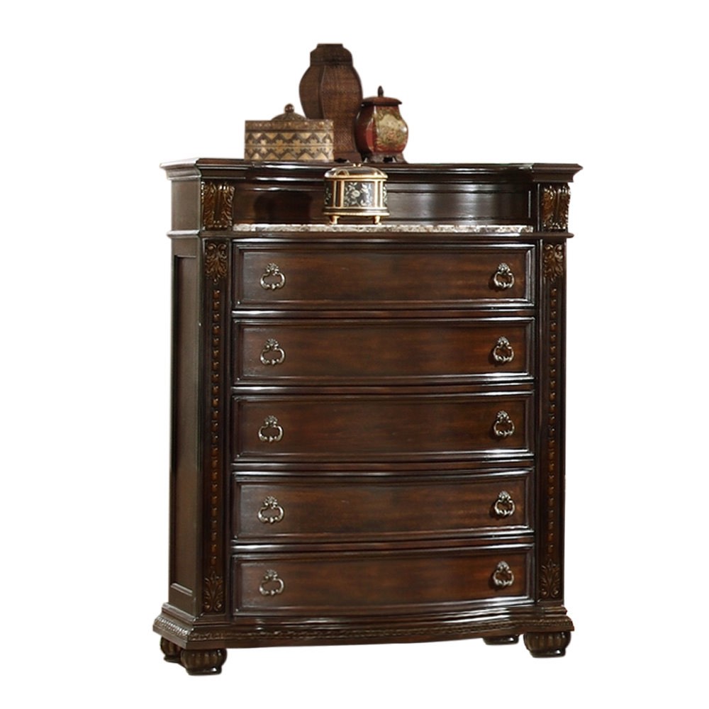 Calera Dark Walnut 44'' W 5 - Drawer Dresser with Antique Nickel Handles, Decorative Carving, And Black and Beige Marble Top, 57'' H X 44'' W X 19'' D