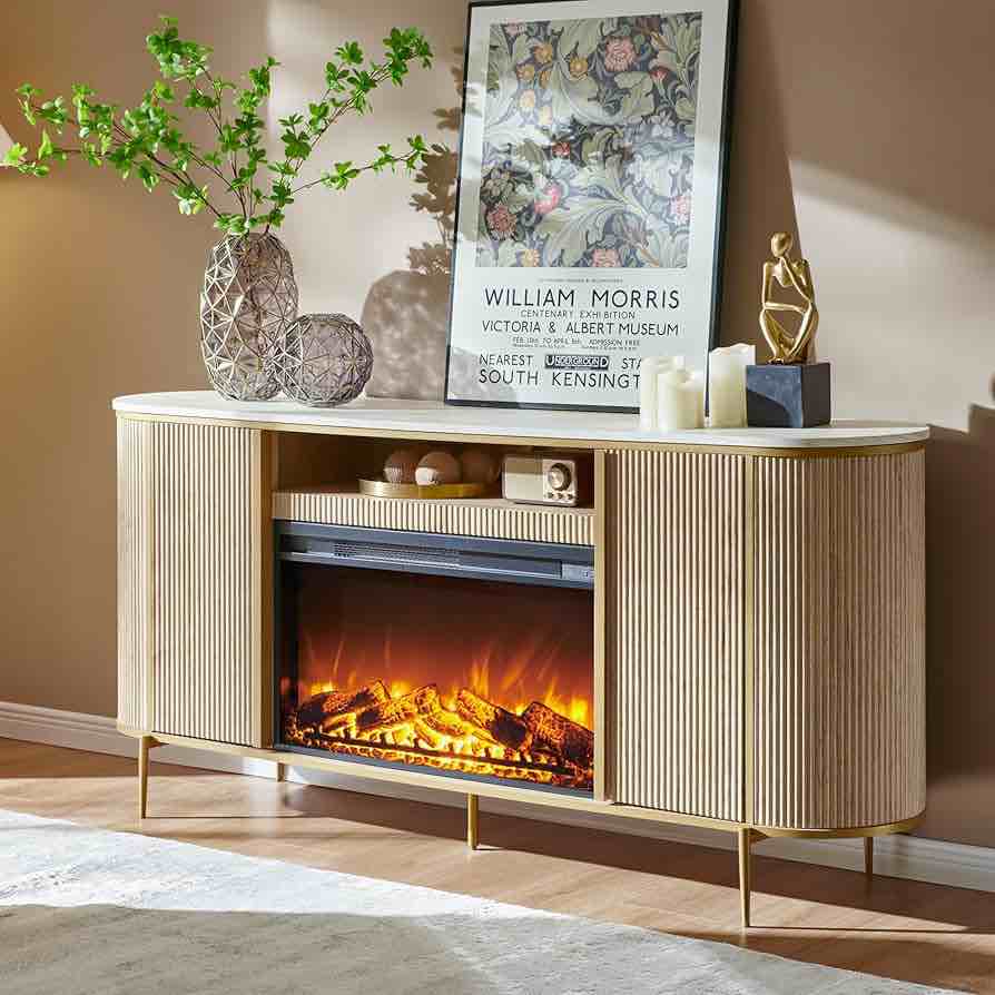 OKD Luxury 70" Fluted Stand, Modern Chic Entertainment Center for TVs Up to 80 inches, Curved Profile Design, Off White. Fireplace sold separately, console only.
