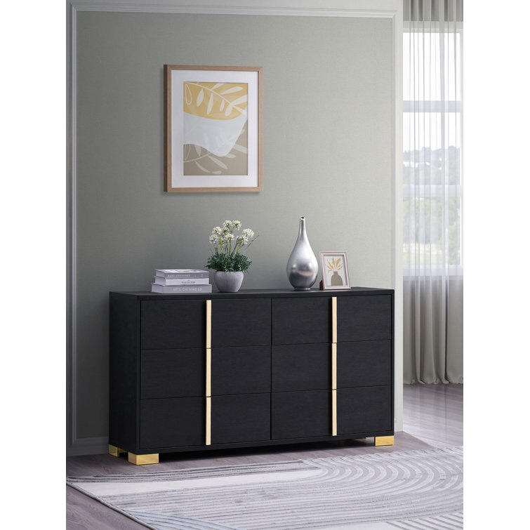 Jelissa 58.5'' W 6 - Drawer Dresser, Modern Sleek Black Wooden 6 Drawer Dresser With Shiny Gold Metal Feet and Handles, 33'' H X 58.5'' W X 16.25'' D