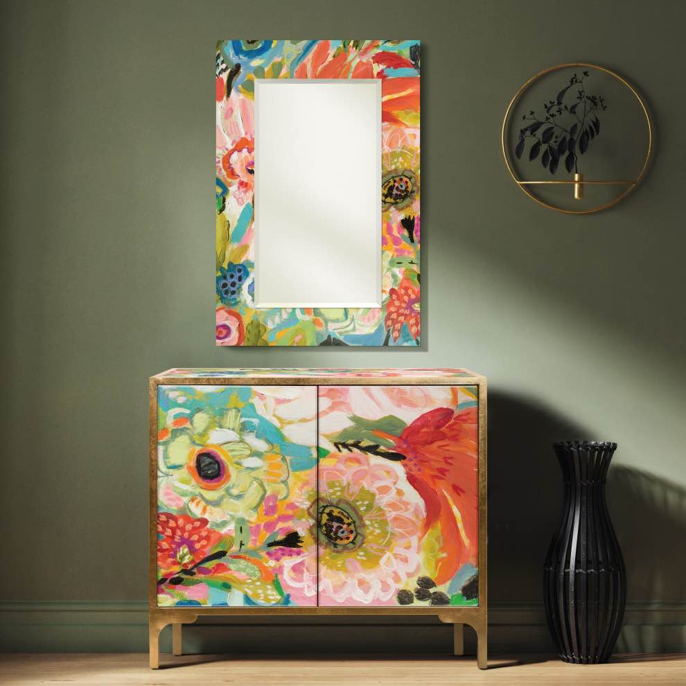 Secret Garden Floral III Cabinet Console on Beveled Art Glass, Gold Painted Iron 2 Door Console Cabinet with 1 Shelf, Painted Glass Doors and top W 42" / D 37" / H 17"