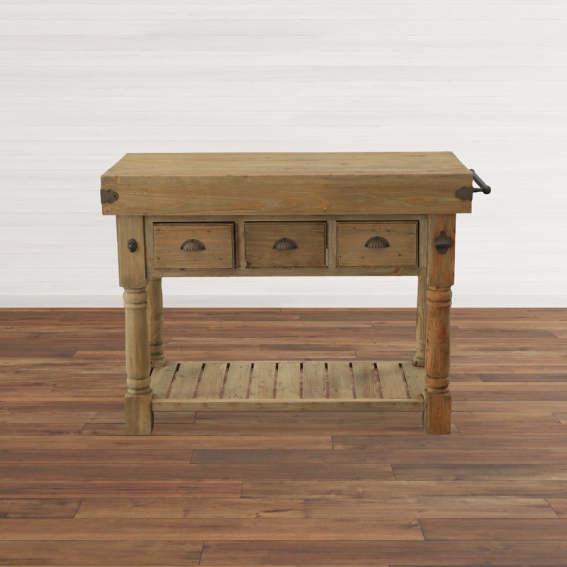 Hutchens Solid Wood Kitchen Island, Rustic Natural Wood Kitchen Island with open Underneath storage shelf, 3 Drawers, antique brass seashell handles. 36'' H X 50'' W X 23'' D