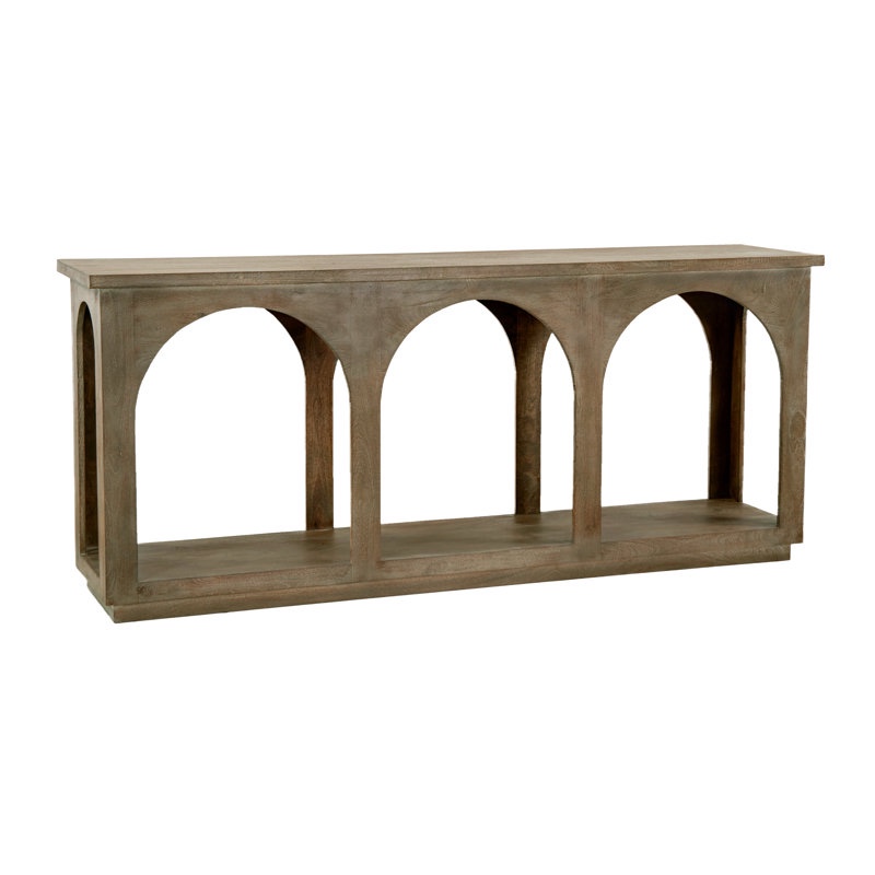 Wabbaseka Solid Wood Console Table In North Creek Brown, Archway whitewashed mango wood entryway table with open underneath storage 33'' H X 77'' W X 18'' D