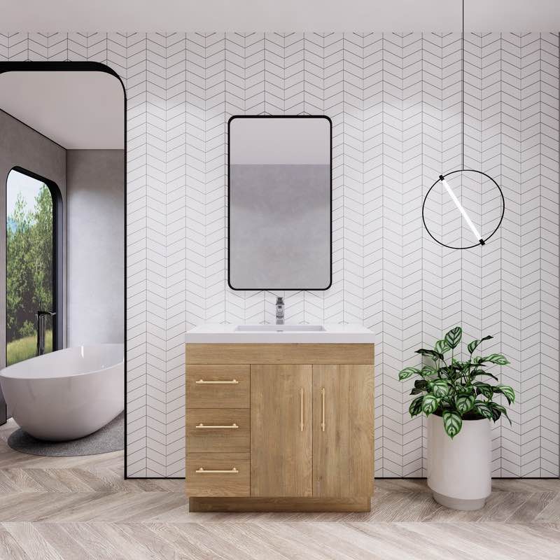 Elsa 36" Freestanding Vanity, Farmhouse Style Light Oak Vanity, 3 Drawers and One Cabinet with Gold Handles, 35.44" W x 35.44" H x 19.69" D. Sink top sold separately. 