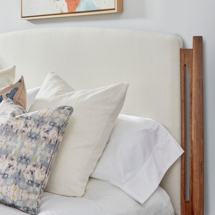 Verona King Upholstered Headboard, and Footboard. Soft ivory linen headboard with teak wooden frame, king size. Headboard + Footboard Only, 2 Boxes Total