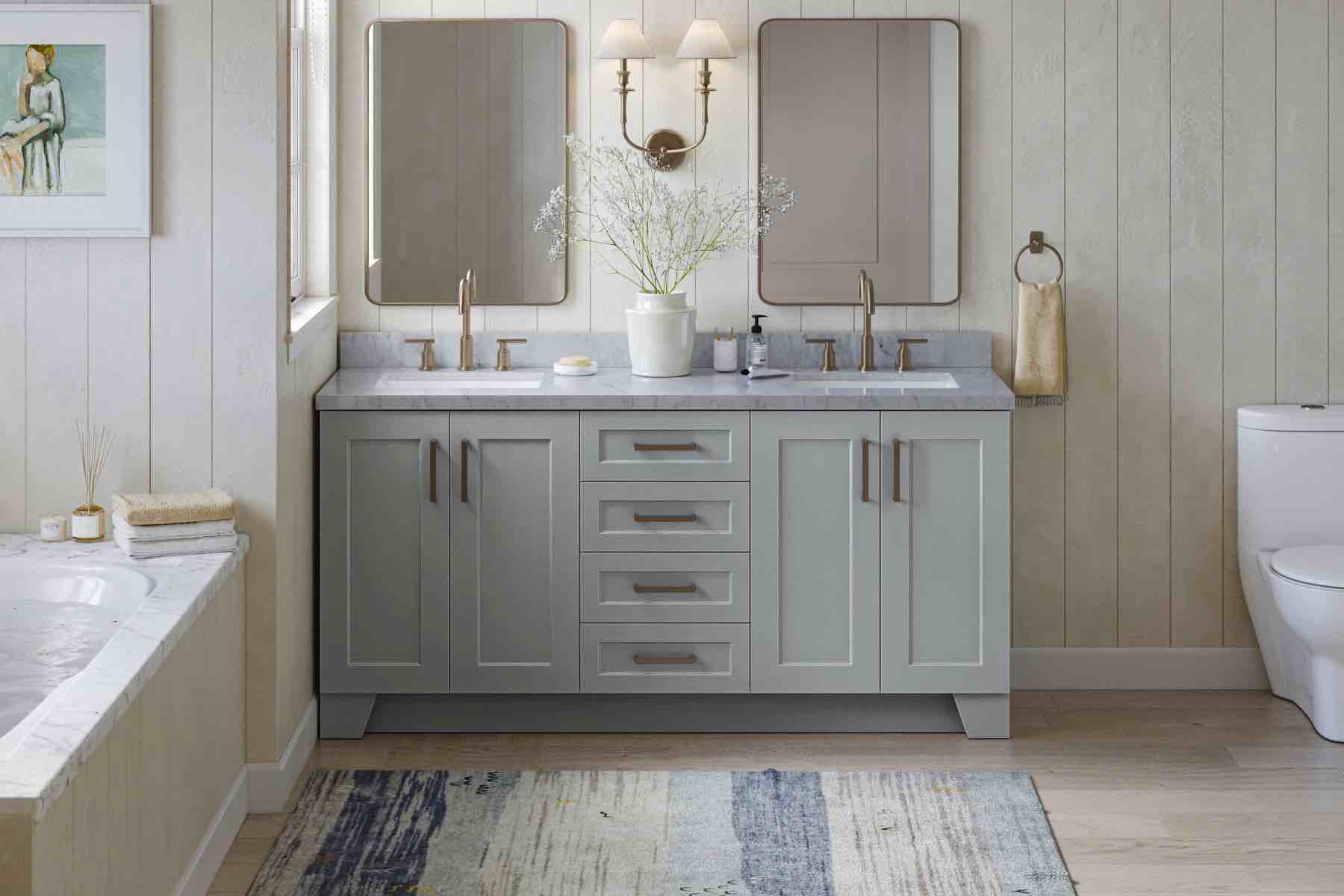 Solid Wood Double Bathroom Vanity with 1.5" White Quarts Sink Top, White vanity with 2 Cabinets, 4 Drawers, gold hardware, And double quartz stone sink top