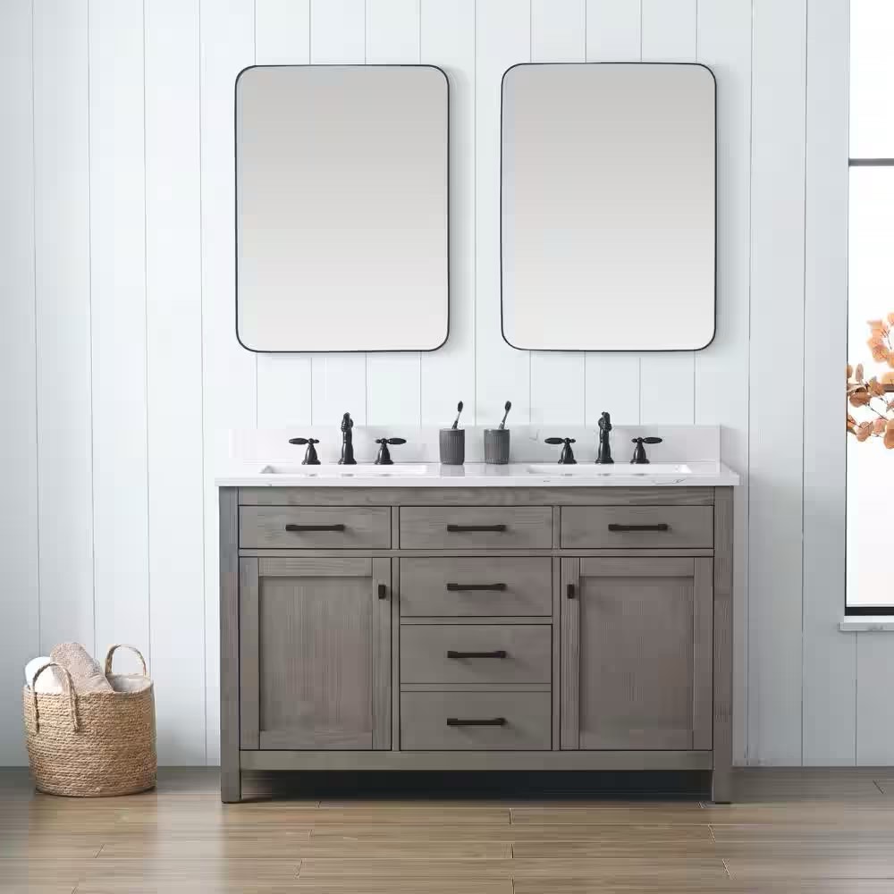 Jasper 54 in. W x 22 in. D x 34 in. H Bath Vanity in Textured Gray with Carrara White Engineered Stone Top, Double Whitewashed Grey Vanity with 6 Drawers, 2 Cabinets, Engineered White Stone Top, And Black handles/Knobs