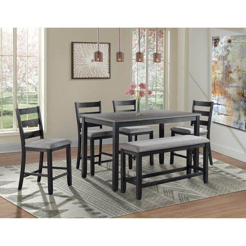 Beaubien 6 - Person Counter Height Acacia Solid Wood Dining Set, Black Acacia Wood Farmhouse style Dining Set, 4 Chairs with Grey Cushions, 1 60” Dining Table, & 1 Bench