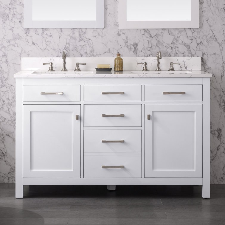 Atencio 54'' Free-standing Double Bathroom Vanity with Engineered Stone Top, Double vanity with 2 Shelved Cabinets and 3 Soft Close Drawers, Engineered Stone Top and Silver knobs/handles. 34'' H X 54'' W X 22'' D