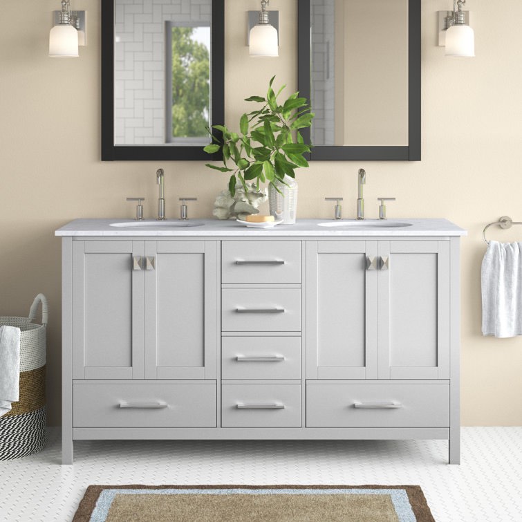 Broadview 60'' Double Bathroom Vanity with Engineered Marble Top, 6 Drawer 2 Cabinet vanity with engineered double white stone top and matte silver handles and knobs. 34'' H X 60'' W X 22'' D