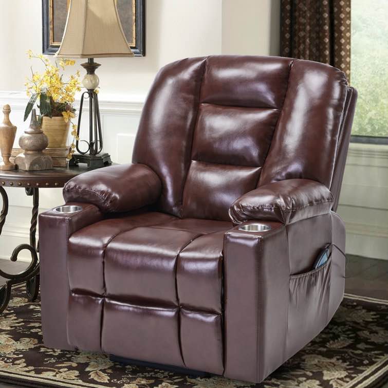 Charels 34" Wide Faux Leather Power Lift Assist Recliner Chair With Vibration Massage Heat And Dual Cup Holders, Faux brown leather recliner with cup holders