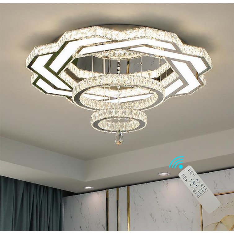 Eulean D32'' Big Crystal Ceiling Chandelier Bedroom Living room Foyer 3000-6000K Dimmable LED 3 Tier Geometrical Genuine Crystal Chandelier, 85V-256V, 100 Watt, 38'' H X 32'' W X 32'' D