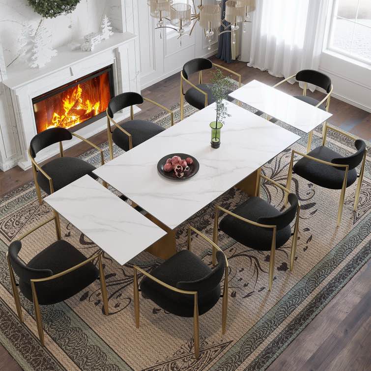 Myrasol 6 Luxury Dining Chairs, 3 Boxes total, Black boucle modern style chairs with shiny gold frames, 6 set, 18.89” H Chairs