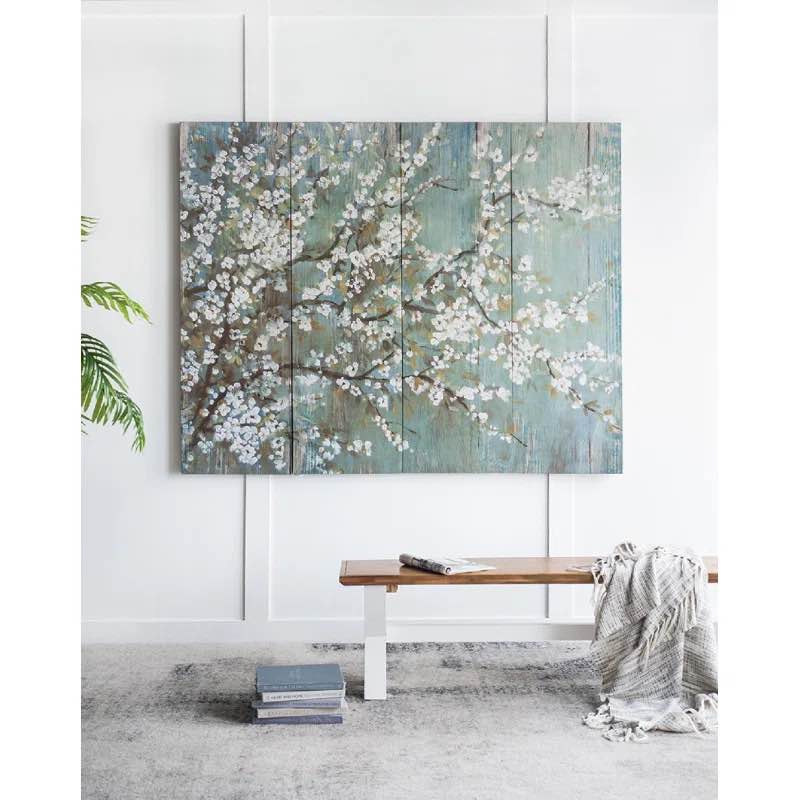 Saison White Cherry Blossom Canvas Print- 18.5"H X 59"W - Blue/White/Brown (Set of 4) By Red Barrel Studio