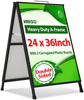 VAIIGO A Frame Sidewalk Sign 24 x 36 Inch Outdoor, Double-Sided Folding Sandwich Board with Handle, Heavy Duty Metal Slide-in A-Frame for Business, Advertising, Party, with 2 Corrugated Plastic Boards