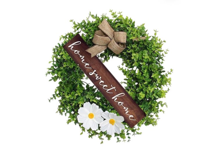 Artificial Eucalyptus Wreath Colorful Flowers 20-inch Faux Plant Hanging Decor Wooden Board Design for Front Door Indoor Outdoor Use for Farmhouse and Garden