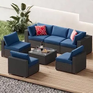 7 Piece Patio Furniture Sets Outdoor Sectional PE Rattan Outdoor Furniture Patio Conversation Set with Cushions and Glass Coffee Table, for Balcony Lawn and Garden, Peacock Blue