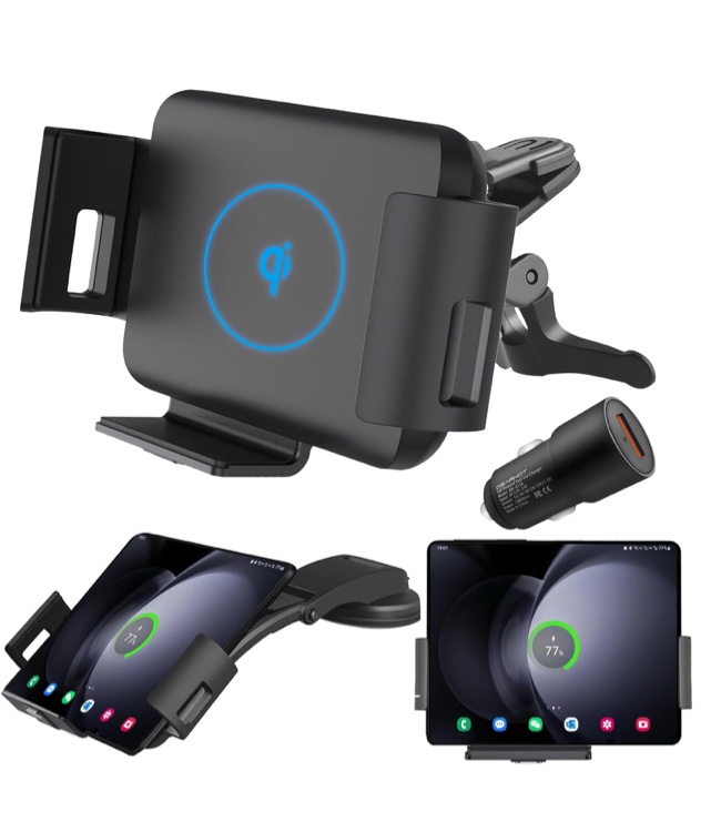 15W Qi Wireless Car Charger Mount Holder Compatible for Samsung Galaxy Z Fold6 Fold5 Fold4 Fold3 Fold2 Fold S23 Ultra Google Pixel 8 iPhone 15 Pro Max 4.3in-6.9in Phone Auto Clamp Fast Charger