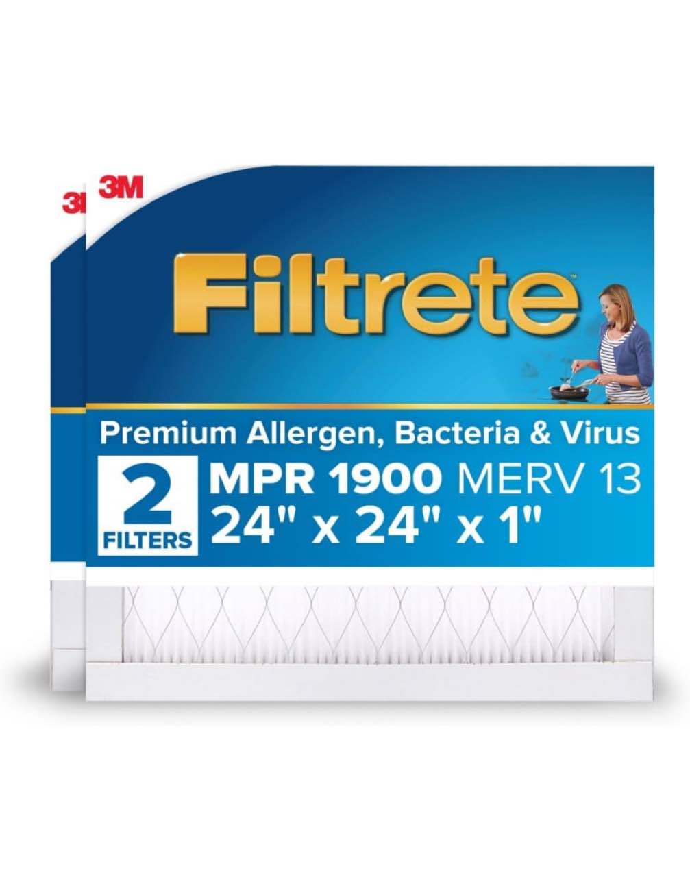 Filtrete 24x24x1 Air Filter, MPR 1900, MERV 13, Healthy Living Ultimate Allergen 3-Month Pleated 1-Inch Air Filters, 2 Filters