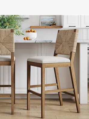 Nathan James Beacon Bohemian Boucle Bar Stool with Back, Bar Height Kitchen Island Chair, Seagrass Bar Stool, Cream Boucle/Brushed Light Brown