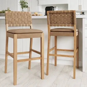 Nathan James Cohen Mid-Century Modern Leather Bar Stool, Counter Height Chair in Solid Wood Frame with Footrest and Woven Leather Back for Kitchen, Natural Brown, Set of 2