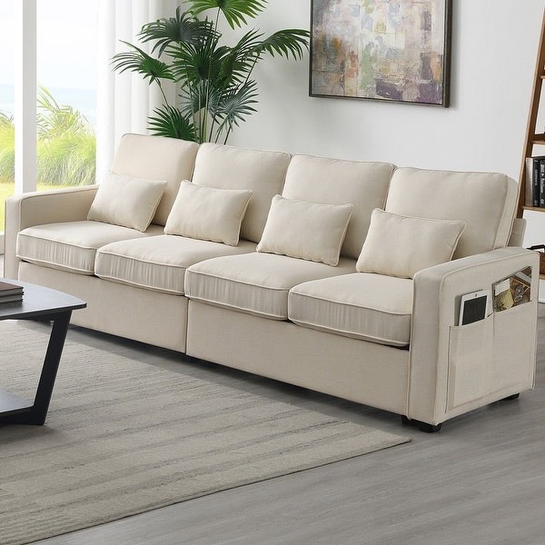 104" modern linen four seater sofa with armrest pockets - Beige