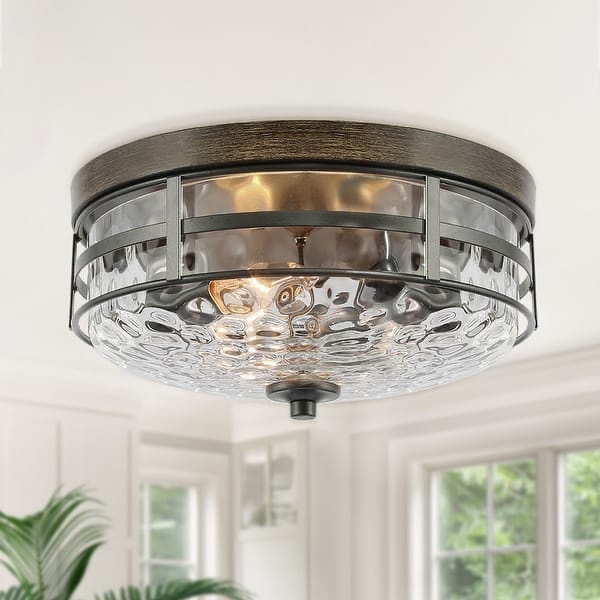 Zarbel Modern Farmhouse Drum 3-Light Rustic Faux Wood Accent Flush Mount Ceiling Light with Water-Rippled Glass Shade - D12.5'' x H6'