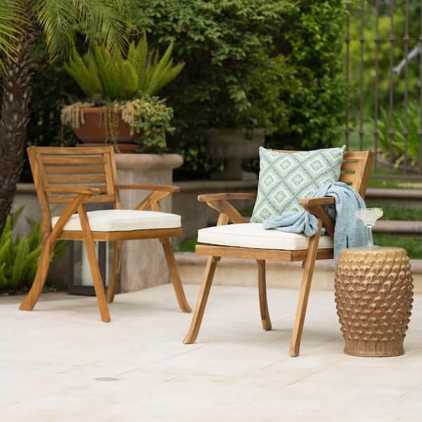 Acacia Wood Outdoor Dining Chairs, Teak Finish, with Water-Resistant Cream Cushions for Balcony, Backyard (Set of 2)