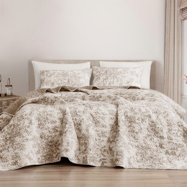 Wonderful Floral Quilt Set 3 Piece Cotton - Taupe - Full - Queen