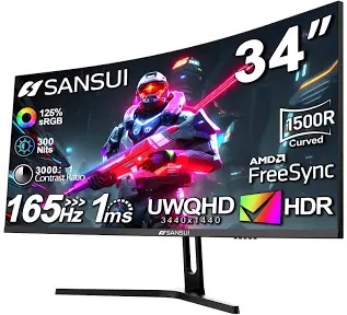 SANSUI 34-Inch Curved Gaming Monitor UWQHD 3440 x 1440 165Hz Curved 1500R - PIP/PBP, 1ms(MPRT), HDR, 300nits, sRGB 125%, DCI-P3 95%,FreeSync,HDMI2.1(TMDS) x2,DP1.4 x2(ES-G34C5 DP Cable Included)