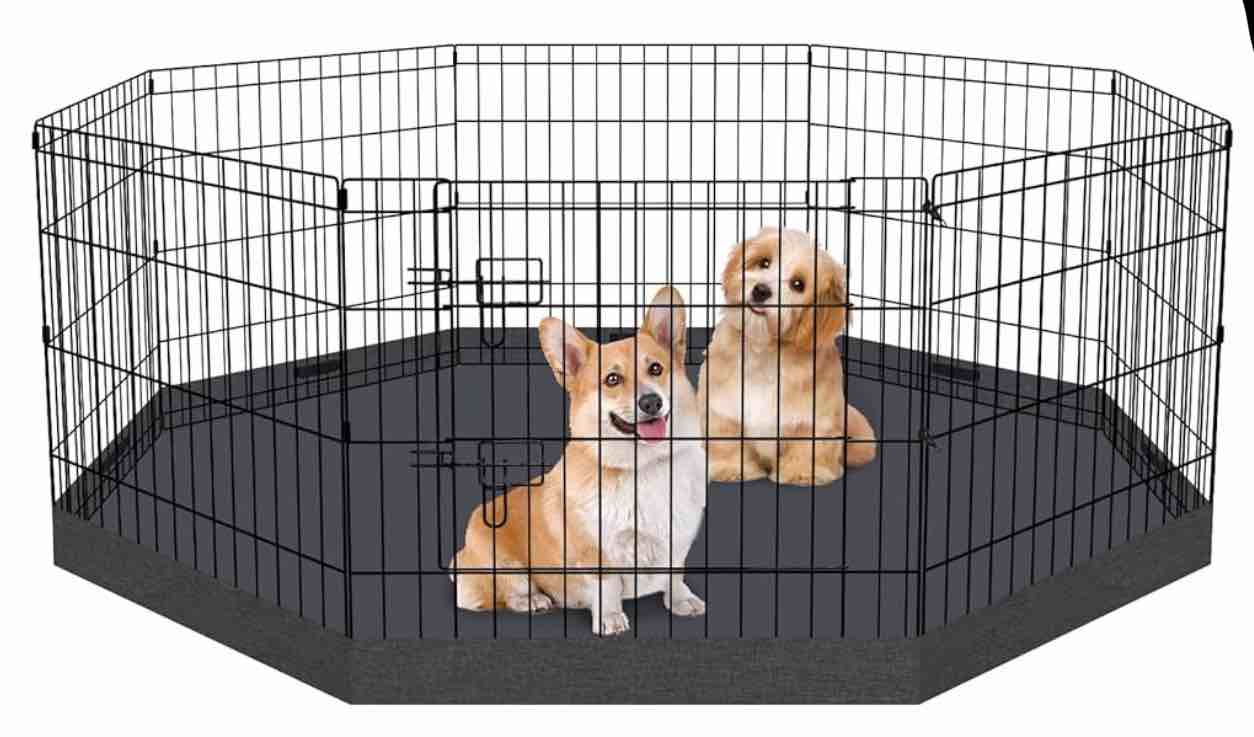Dog Pen Pet Playpen Dog Fence Indoor Foldable Metal Wire Exercise Puppy Play Yard Pet Enclosure Indoor Outdoor 8 Panels 24 Inch with Bottom Pad/Top Cover (Black with Bottom pad)