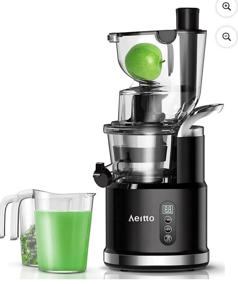 Aeitto® Juice Maker, Slow Masticating Juicer Machine, Cold Press Juicer with Big Wide 3.3-in Chute and 900-ml Cup, for Fruits and Vegetables, Reverse Function, High Juice Yield, Easy to Clean, Black