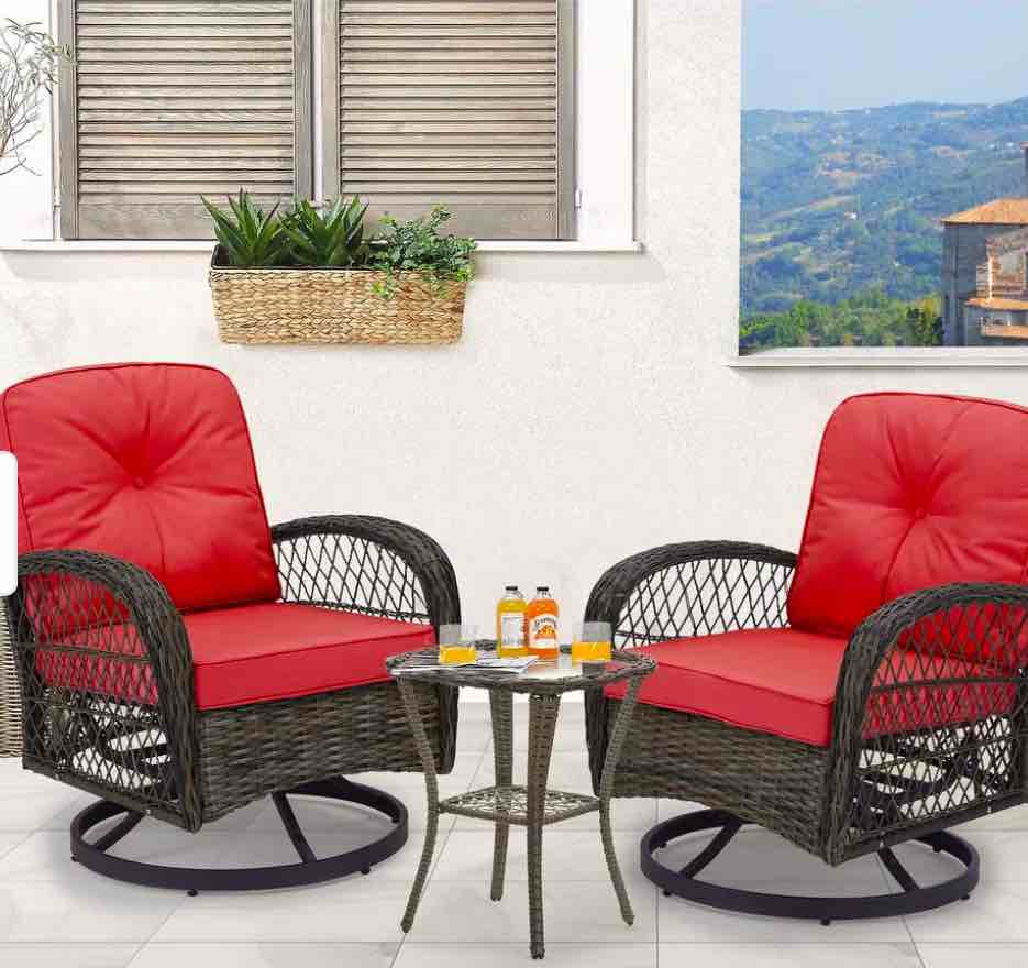 Outdoor Rocker Patio Chairs 360 ° Swivel , 3 or 5 Pieces Patio Conversation Set with Thickened Cushions and Glass Table - Red, Incomplete Box 1 of 2 only 