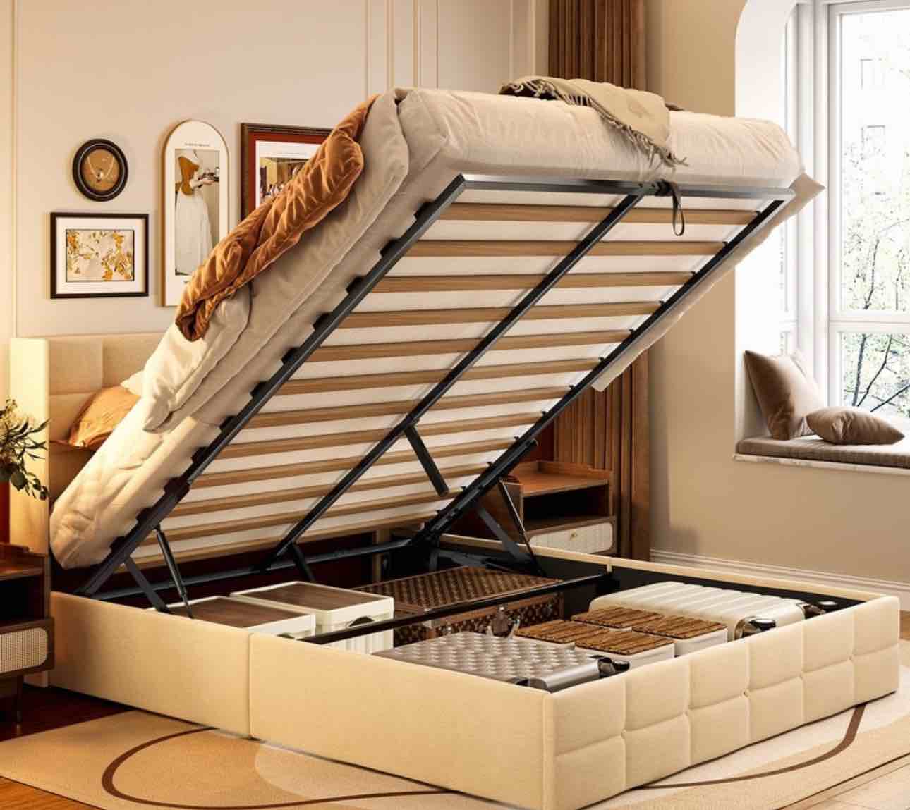 Lift Up Storage Bed Frame, Upholstered Platform Bed Frame with Hydraulic Storage System and Headboard