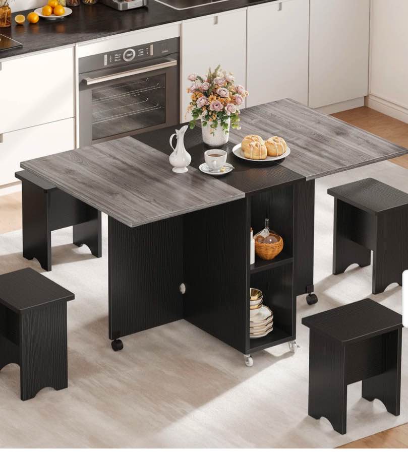 Moasis Modern Folding Dining Set with 6 Wheels Drop Leaf Table and Storage Stools - 55"W - Grey Top/Black