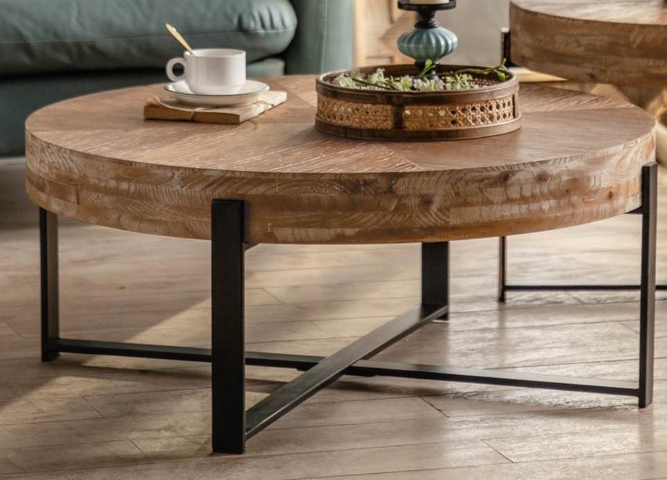 Splicing Round Coffee Table with Fir Wood Table Top,Cross Legs Base