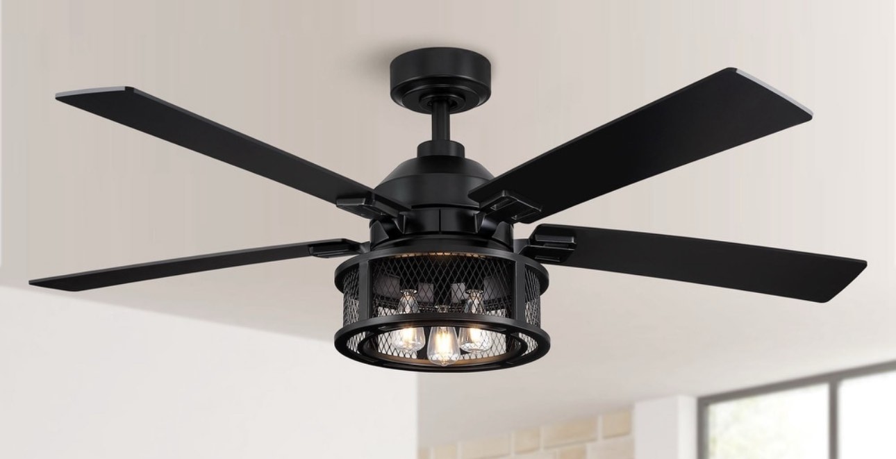 52" Industrial Metal Caged Black Ceiling Fan with Light and Remote