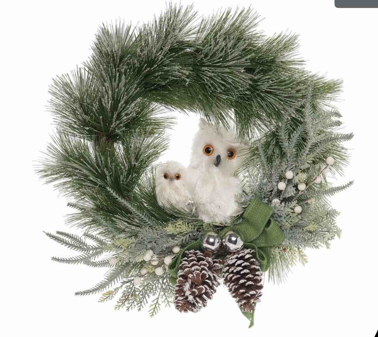 Transpac Foam 24.41 in. Green Christmas Acorn and Snowy Owl Wreath