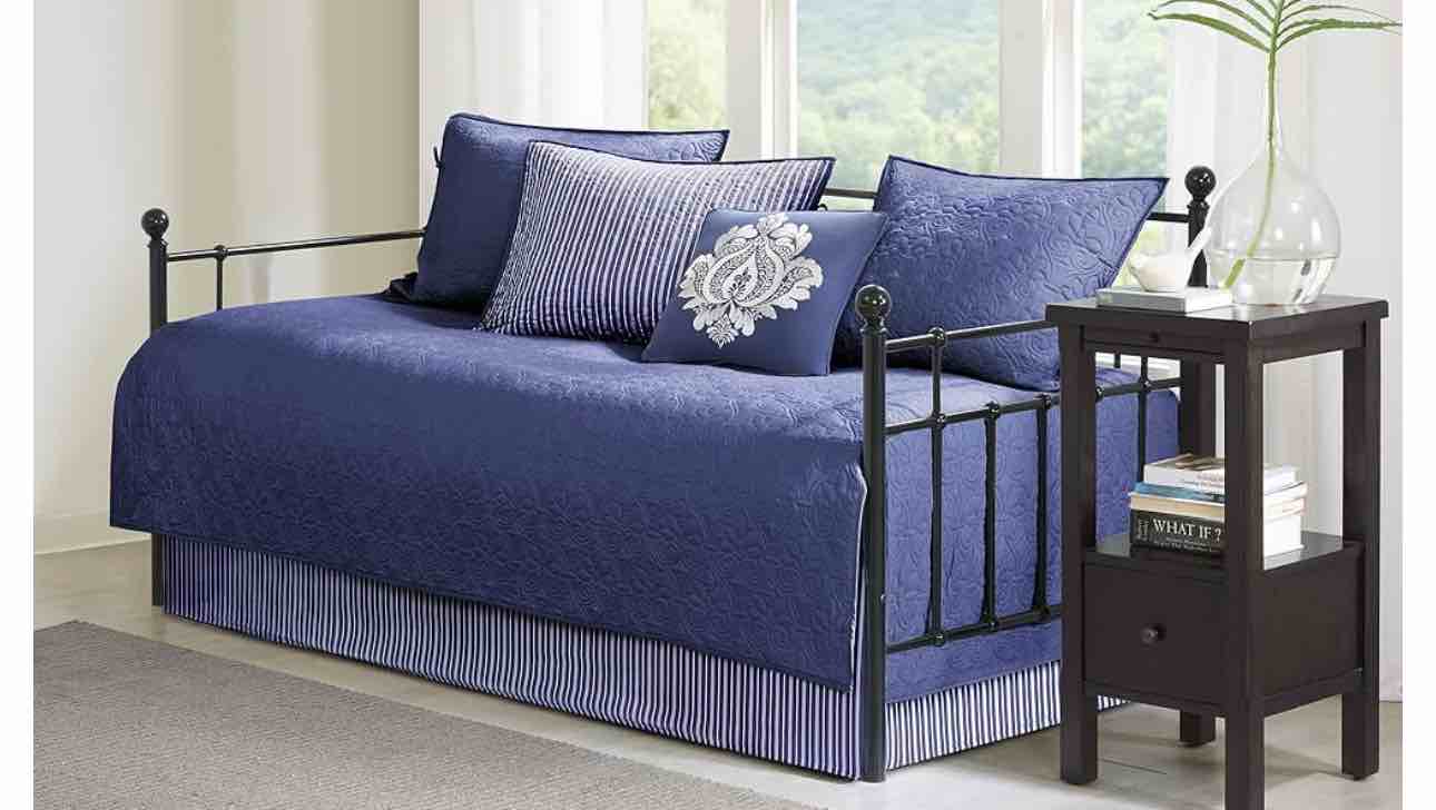 Madison Park Cotton Daybed Cover Set-Double Sided Quilting Classic Cottage Design All Season Bedding with Bedskirt, Matching Shams, Decorative Pillow, 75"x39", Quebec Navy 6 Piece